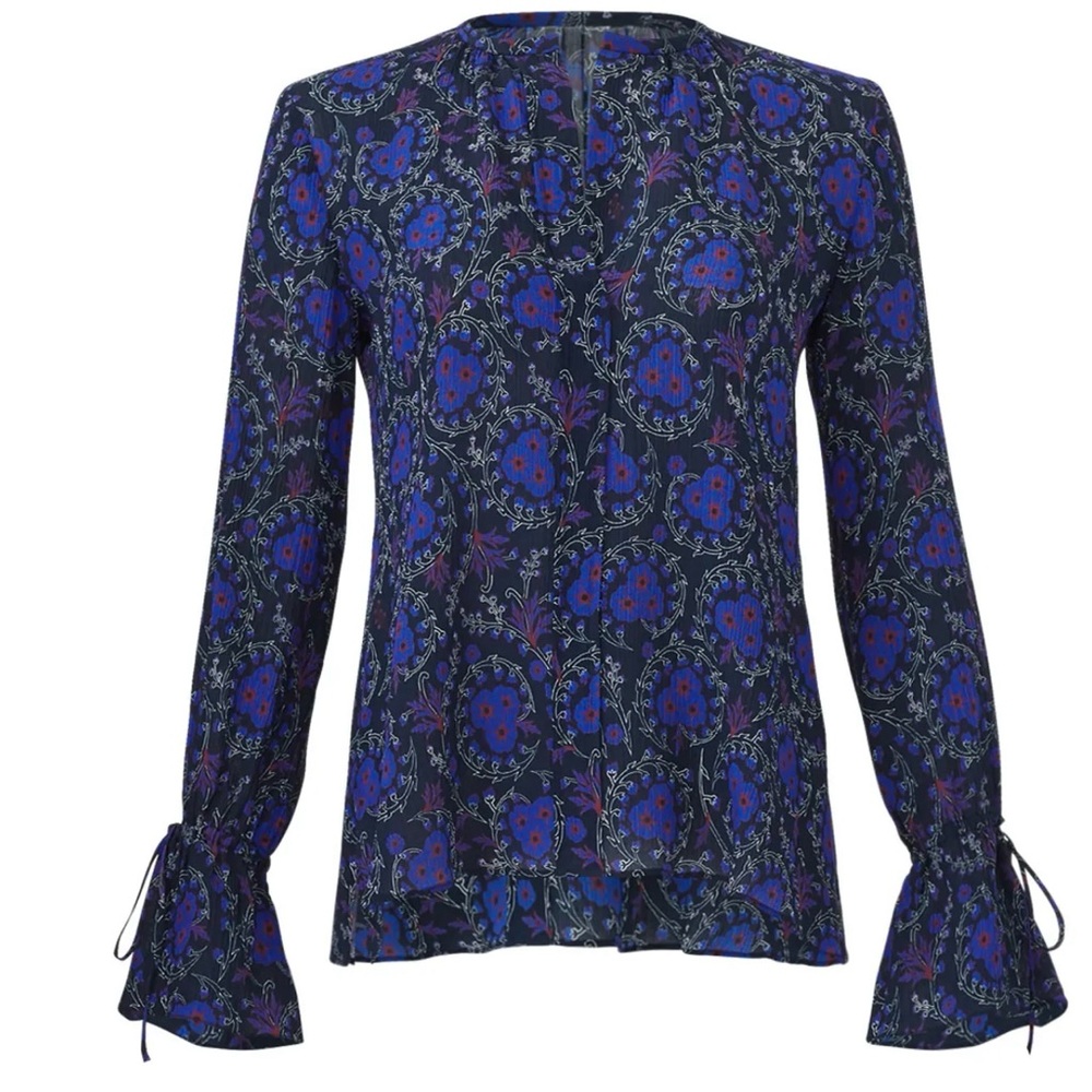 Derek Lam 10 Crosby SIlk Floral Bell Sleeve Blouse 4 Blue Vneck Crinkle Paisley